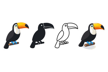 Naklejka premium Set of toucan illustrations including full color, silhouette, and outline versions