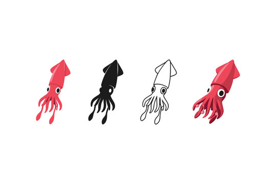 Collection of stylized squid illustrations in red, black, and outline variations