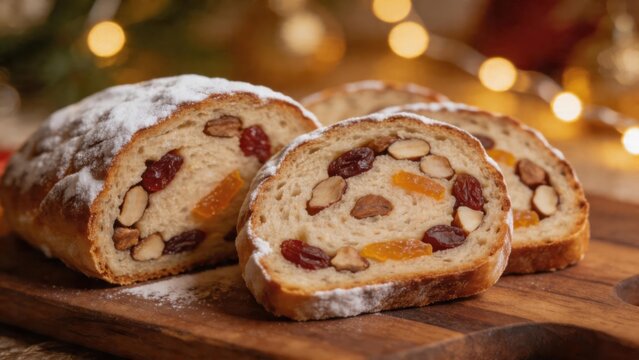 Sliced fruit and nut bread on wooden board