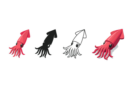 Collection of stylized squid illustrations in red, black, and outline forms