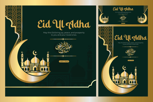 Eid Ul Adha Luxury Template Bundle - Golden Mosque Crescent Moon Social Media Post, Facebook Cover & Flyer Design