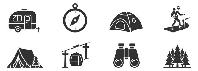 outdoor camping and hiking icons set with trailer tent compass binoculars trees cable car hiker isolated on transparent background © gerik_a