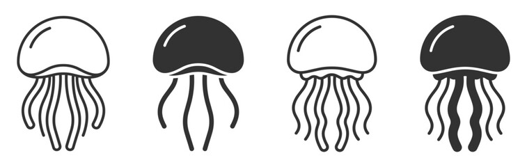 jellyfish icon set in black and white vector illustration on transparent background © gerik_a