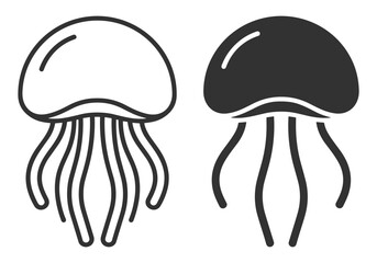 jellyfish icon set, black line and solid style marine life symbols for sea fauna and underwater animal illustrations on transparent background © gerik_a