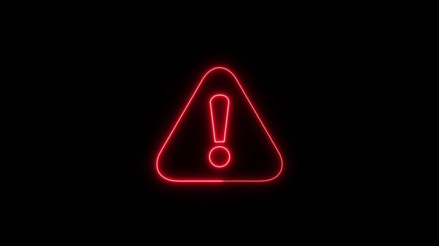 Animation of glowing neon Warning attention icon signal , alert , risk , safety, danger road warning sign animated.