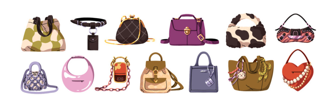 Women bags set. Fashion handbags, totes, and purses with different patterns and trinkets. Stylish female accessories. Leather backpacks and clutches. Flat isolated vector illustrations on white