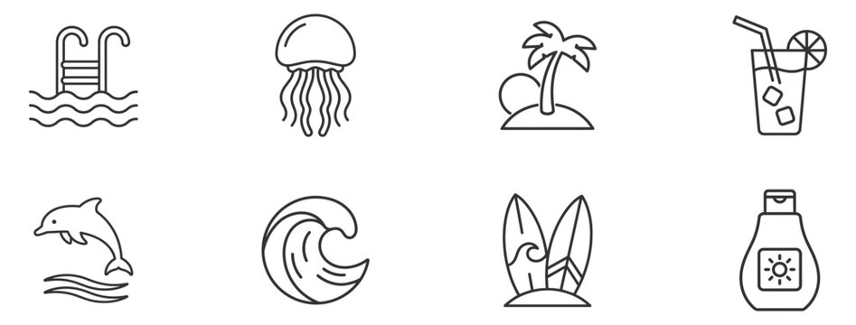 summer beach icons set including pool ladder, jellyfish, palm tree, cocktail, dolphin, wave, surfboards, and sunscreen on transparent background