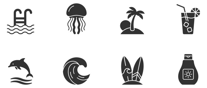 summer and beach icons set including swimming pool ladder, jellyfish, palm tree island, cocktail, dolphin, ocean wave, surfboards, and sunscreen on transparent background