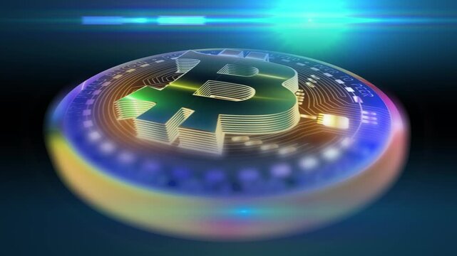 A glowing Bitcoin coin with rainbow reflections and golden details symbolizes the future of digital finance. The dark background and radiant light emphasize innovation, technology, and cryptocurrency 