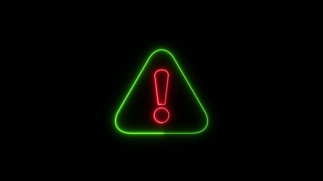 Animation of glowing neon Warning attention icon signal , alert , risk , safety, danger road warning sign animated.