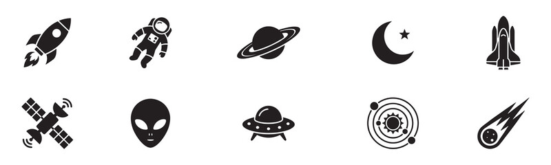 Space icon set. Space exploration and astronomy icon set. Rocket, astronaut and planet symbols. Universe and science fiction collection. Vector illustration. EPS 10 © Jeremy_Show