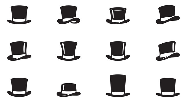 Top hat icon collection. Solid, filled icon set of top hats: classic hat, silk, magicians , vintage , steampunk top hat, wedding top. Vector icon.