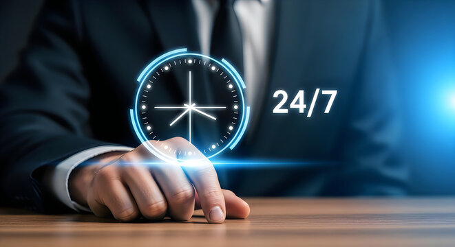 24 7 availability concept with businessman and clock