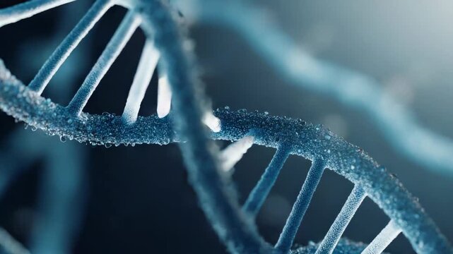 Dna structure forming a detailed double helix, representing medical research, biotechnology, and molecular biology with a microscopic view in blue light
