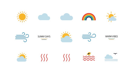 Fototapeta premium Weather Icons: A collection of vibrant icons represent weather elements, offering a visual guide to climate conditions, from sunny days and rainbows to windy gusts and warm vibes.