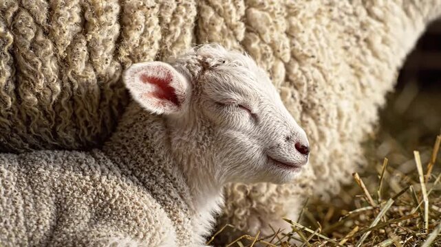 Adorable Newborn Lamb Resting Peacefully Beside Mother Sheep in Rustic Barn with Golden Hay Warm Sunlight