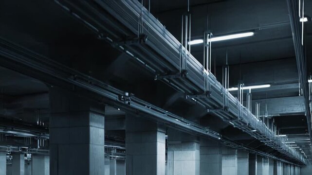 Expansive underground concrete space with rows of massive columns and exposed pipes, conduits, and vents across the ceiling, evoking industrial, brutalist infrastructure and depth