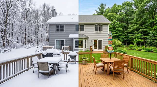 Backyard Deck and Home: Seasonal Transformation from Snowy Winter to Sunny Summer