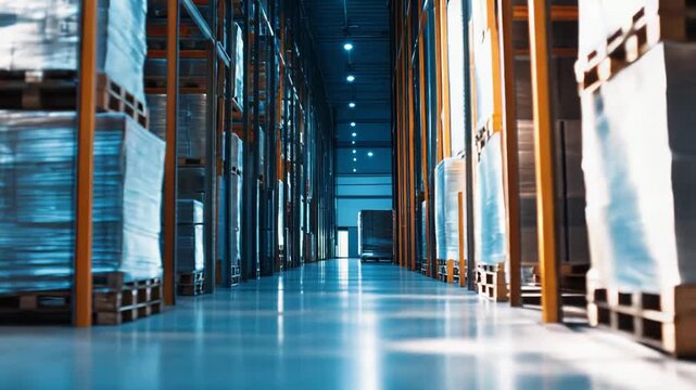 Interior of a large industrial warehouse, featuring rows of high storage racks filled with neatly stacked pallets and packaged goods, reflecting modern logistics and supply chain operations