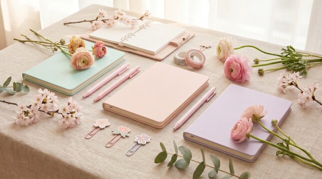 Pastel colored journals with matching pens and delicate spring flowers arranged neatly on a textured table for a creative planning session in this bright aesthetic photo