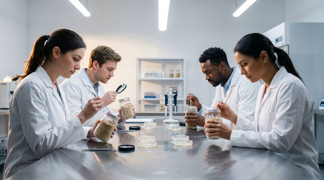 Diverse team of food students crowded around a shared lab bench inoculating grain jars with koji spores, magnifying glasses and petri dishes