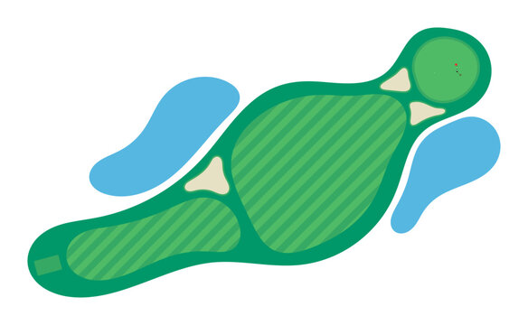 Golf course illustration. Flat style vector illustration of golf course with bunkers, water hazard, putting green and flag. Golf course illustration for golfing poster, landing page, web banner.