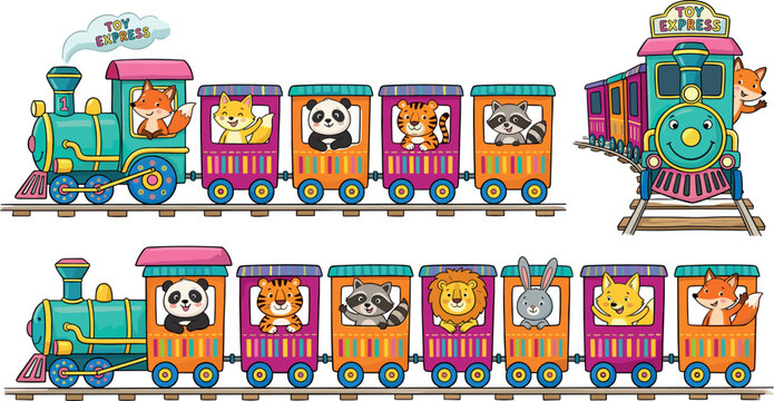 Cute Cartoon Toy Express Train Vector Set with Adorable Wild Animals Riding in Carriages for Kids Wallpaper, Room Decor, and Nursery Pattern Designs