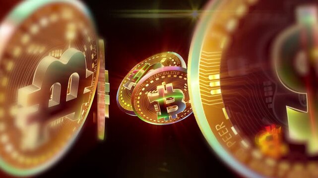 A glowing Bitcoin coin with rainbow reflections and golden details symbolizes the future of digital finance. The dark background and radiant light emphasize innovation, technology, and cryptocurrency 