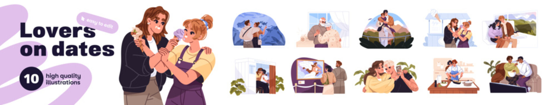 Lovers on date set. Romantic couples hug, kiss and dance. Diverse people in love walk, cuddle together. Happy young, elderly, LGBT and homosexual beloveds. Flat isolated vector illustrations on white