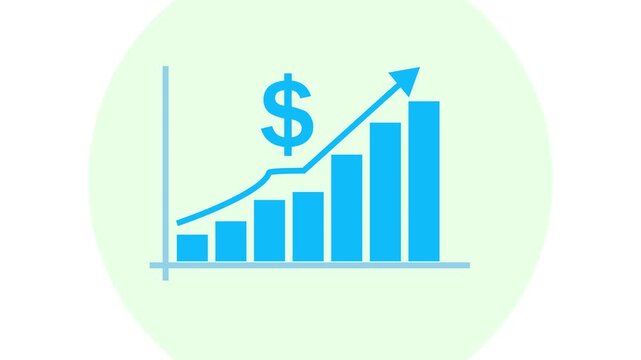 Blue bar graph with upward trending arrow and dollar sign indicating financial growth and success.