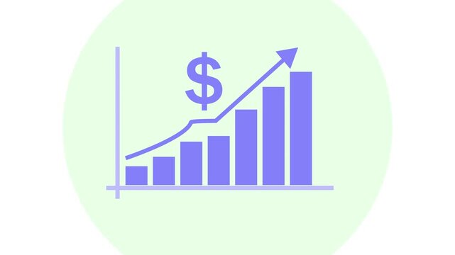 Blue bar graph with upward trending arrow and dollar sign indicating financial growth and success.