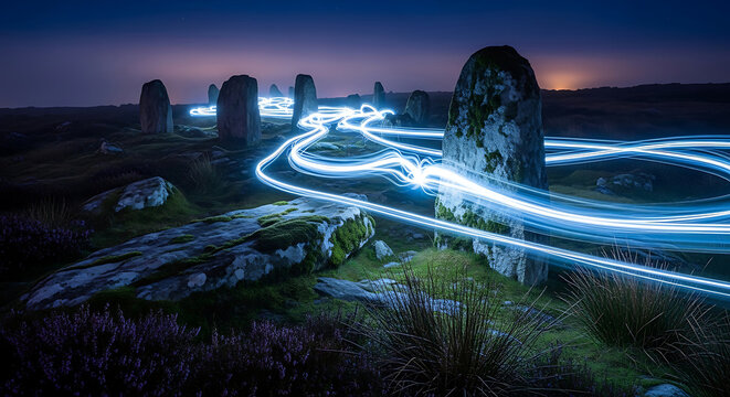 Conceptual representation of HIPAA medical privacy and data security with glowing blue light trails flowing through ancient stone monoliths at night