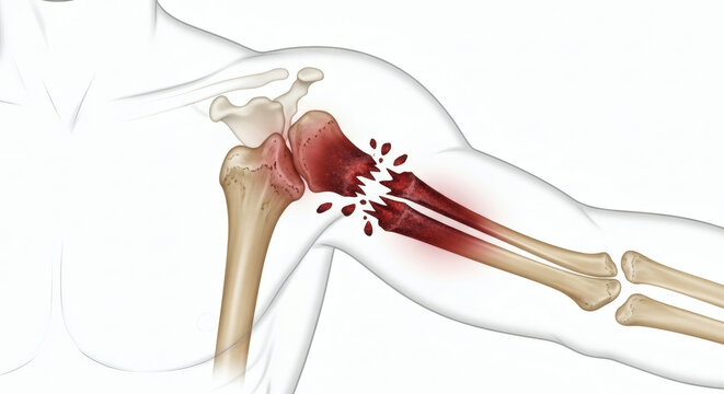 Anatomical diagram of a severe humerus bone fracture in the shoulder