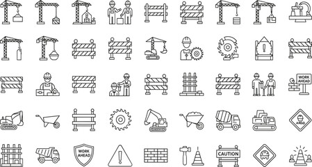 Construction site safety line icon set featuring tower cranes, heavy machinery, excavators, road barriers, and warning signs for building projects, © SUMAIYA