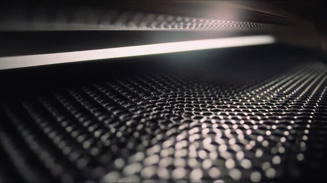Abstract close up surface presenting a pattern of hexagonal shapes on a dark mesh, reflecting a diagonal beam of light, creating strong highlights and shadows