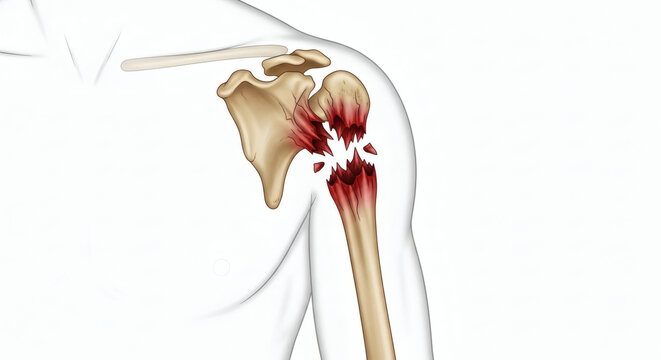 Anatomical diagram of a severe humerus bone fracture in the shoulder