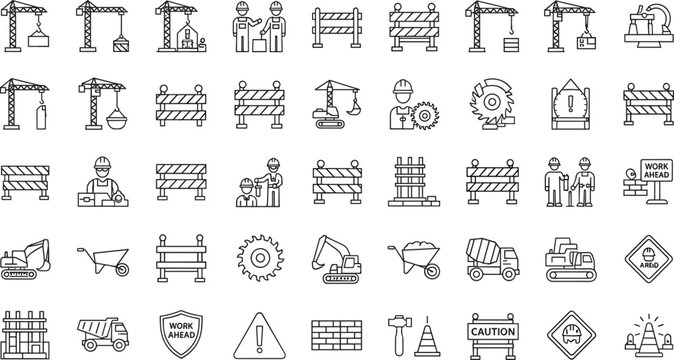 Construction site safety line icon set featuring tower cranes, heavy machinery, excavators, road barriers, and warning signs for building projects,