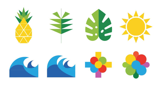 Tropical Delight: A vibrant collection of stylized icons, including a pineapple, leaves, sun, and ocean waves, evoking the essence of a tropical paradise. 