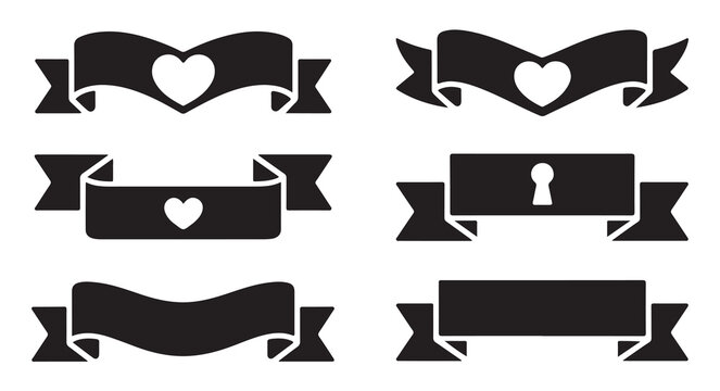 Heart themed ribbon banners and decorative scroll elements for wedding and romance designs.