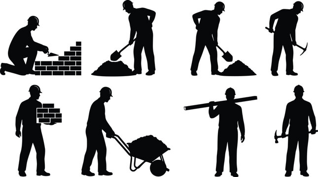 Construction worker silhouettes set with bricklayer masonry, laborer using pickaxe, shoveling sand, pushing wheelbarrow, builder carrying wood, and handyman vector