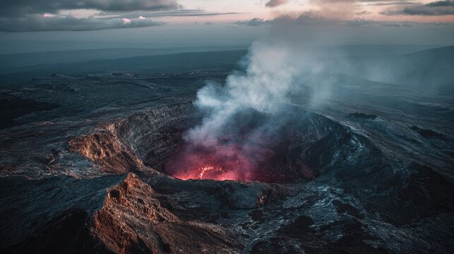 igneous. Volcanic crater emitting white smoke with glowing red magma deep within. travel magazines, destination branding, designed for travel destination branding, used by devops engineers.
