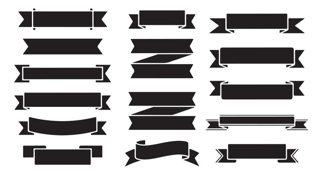 Set of black ribbon banners and design elements for labels or web headers in flat style.