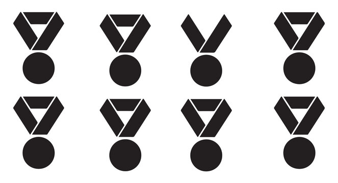 Simple black medal icons with ribbons for awards and recognition.