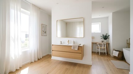 Fototapeta premium Elegant interior design mockup modern hallway with mirror and wooden furniture showcase