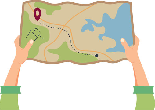 Hands holding travel map with route and destination point, flat vector adventure illustration