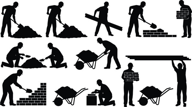 Construction worker silhouettes set with bricklayer masonry, laborer using wheelbarrow, builder carrying wood, shoveling sand, man carrying bricks, and industrial handyman