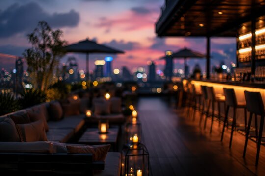 Rooftop bar lounge city skyline sunset twilight luxury terrace restaurant evening atmosphere lifestyle bokeh background lighting