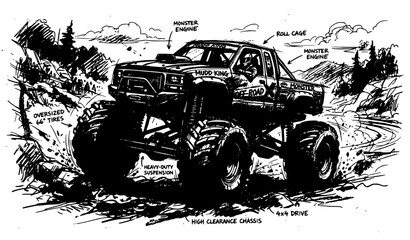 Rough Sketch Illustration of Monster Truck with Oversized Tires, Off Road Vehicle Concept, Hand Drawn Automotive Design Artwork for Motorsport Themes © MD Rakibul