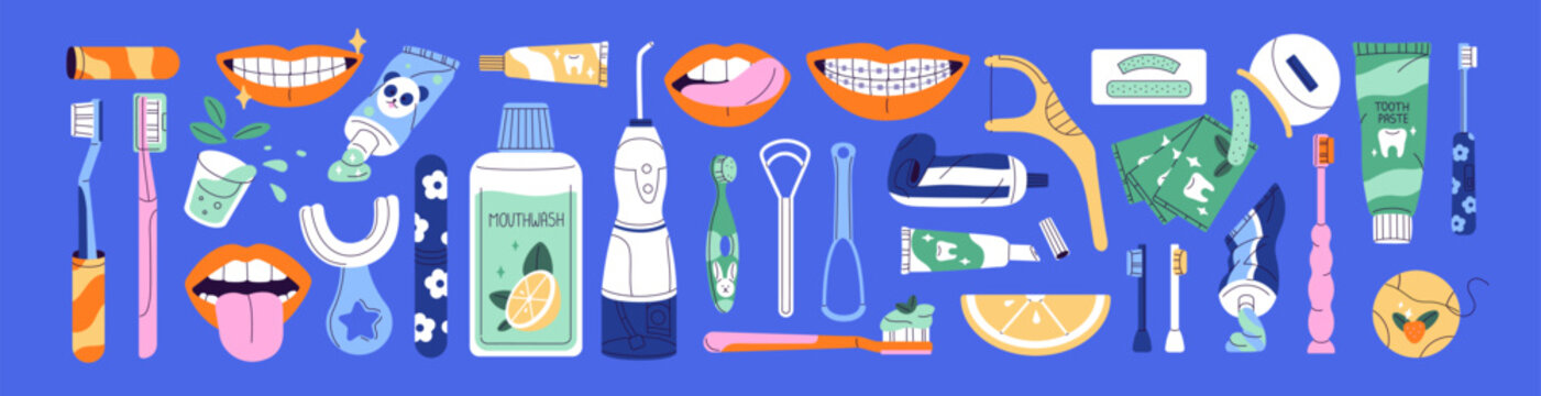 Tooth care items set. Different oral hygiene tools- toothpaste, toothbrushes, tongue scrapers, mouthwash. Dental health accessories- braces, whitening strips. Flat isolated vector illustrations
