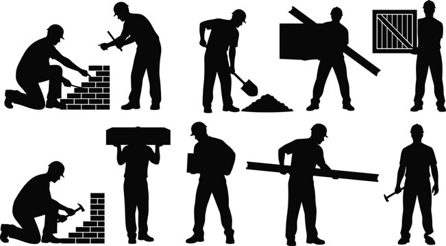 Construction worker silhouettes set with builder masonry, bricklayer, handyman, laborer carrying materials, carpentry, shovel, and engineering tools on white background, vector